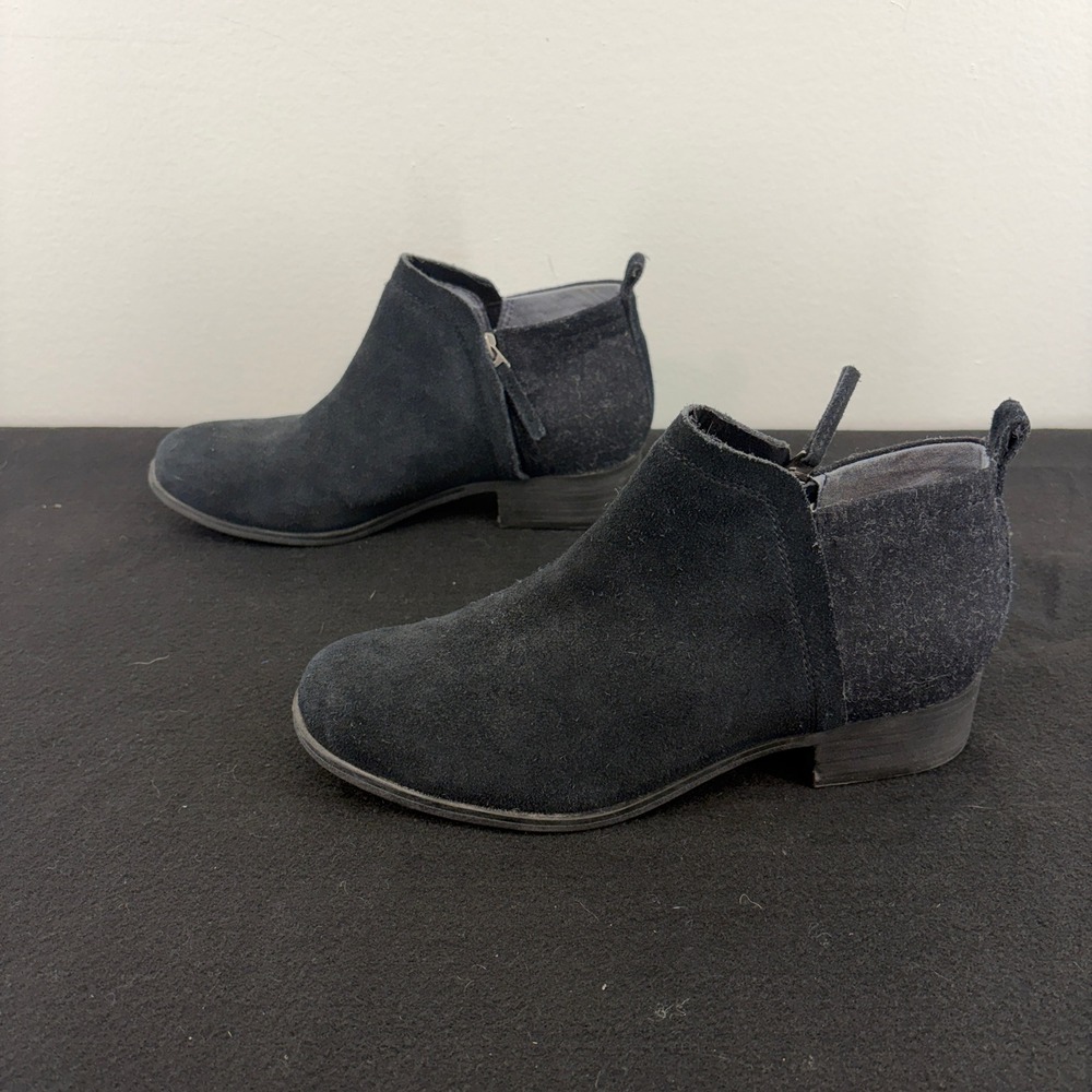 TOMS Deia Black Suede Wool Blend Ankle Bootie Low Block Heel Boots Womens 8.5 - Picture 3 of 10